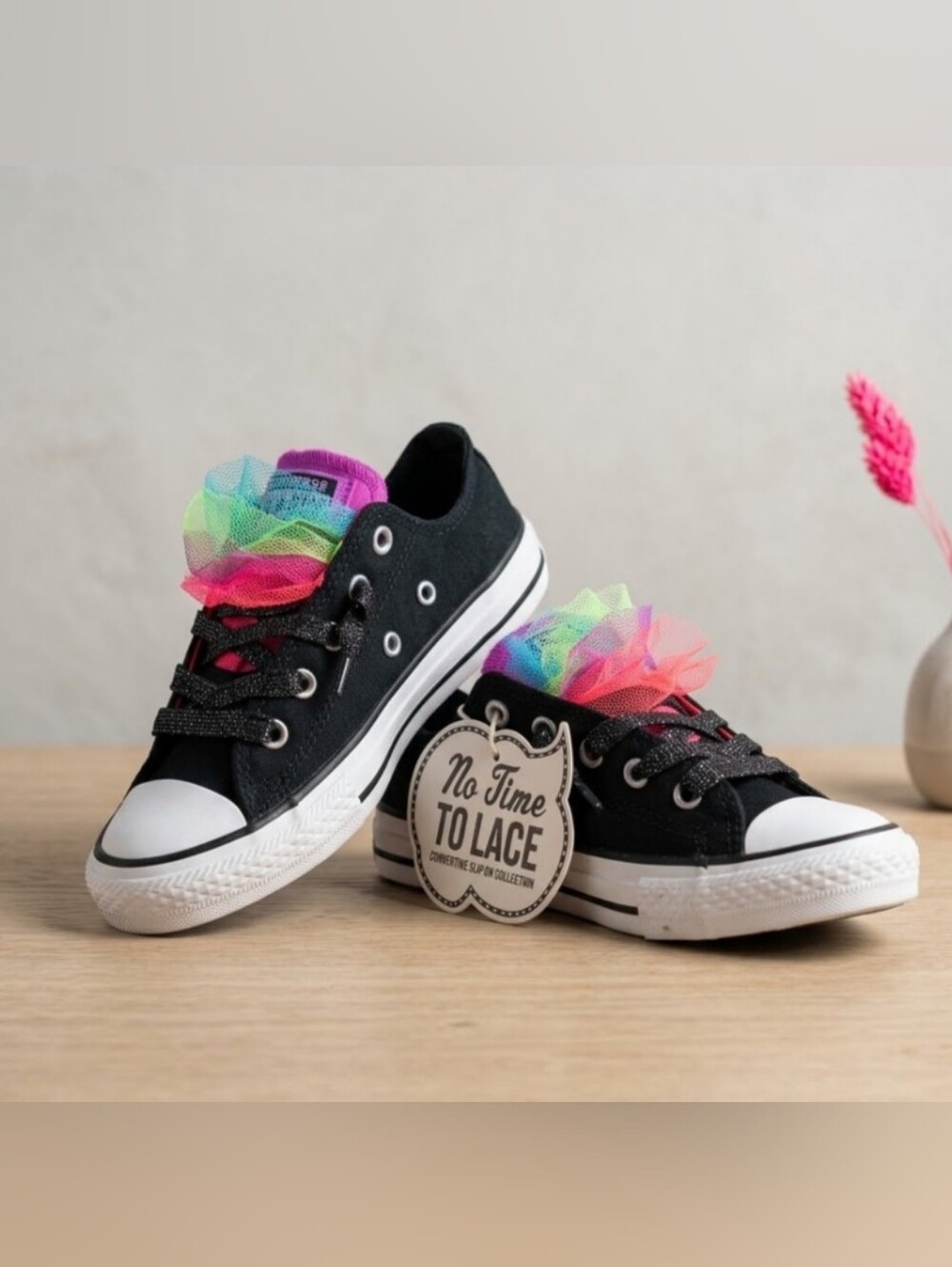NEW! Converse Kids Black Canvas Sneakers with Rainbow Tulle Little Girl Sz 13